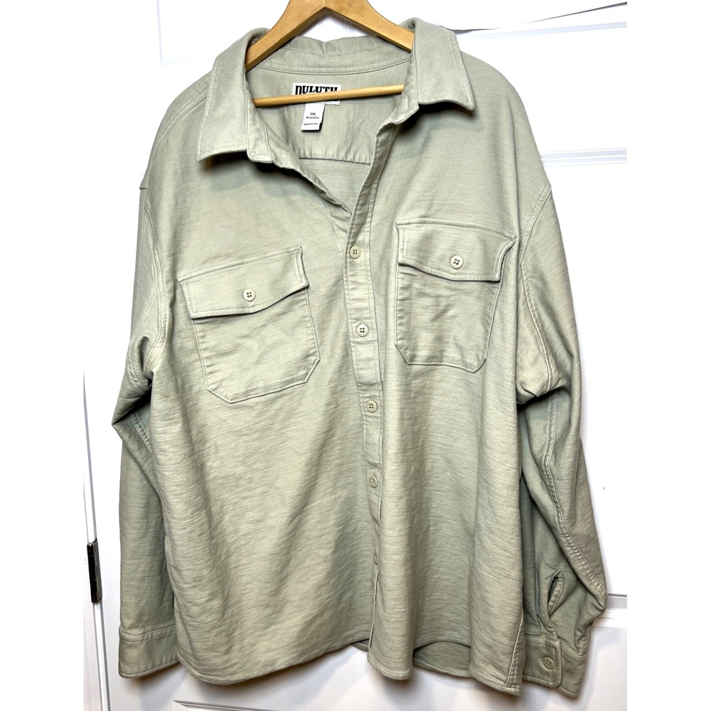 Duluth Trading Officers Slub Sateen Shirt Jac Mens 2XL Khaki Gray Work Layer - Picture 2 of 13